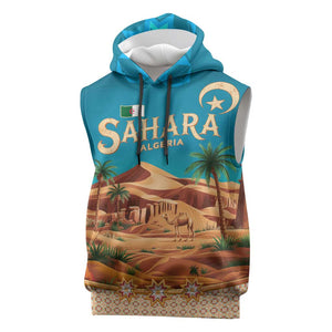 Sahara Algeria Sleeveless Hoodie with Desert Camel Landscape and Islamic Motif Design - African Pride