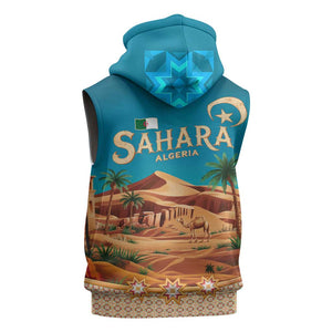 Sahara Algeria Sleeveless Hoodie with Desert Camel Landscape and Islamic Motif Design - African Pride