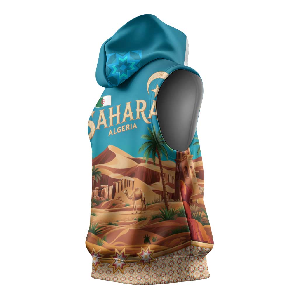 Sahara Algeria Sleeveless Hoodie with Desert Camel Landscape and Islamic Motif Design - African Pride