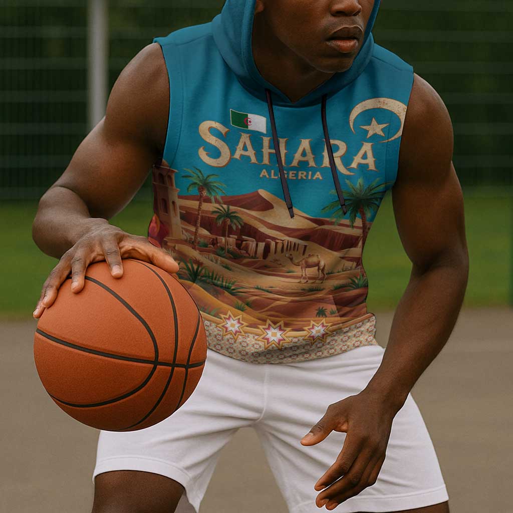 Sahara Algeria Sleeveless Hoodie with Desert Camel Landscape and Islamic Motif Design - African Pride