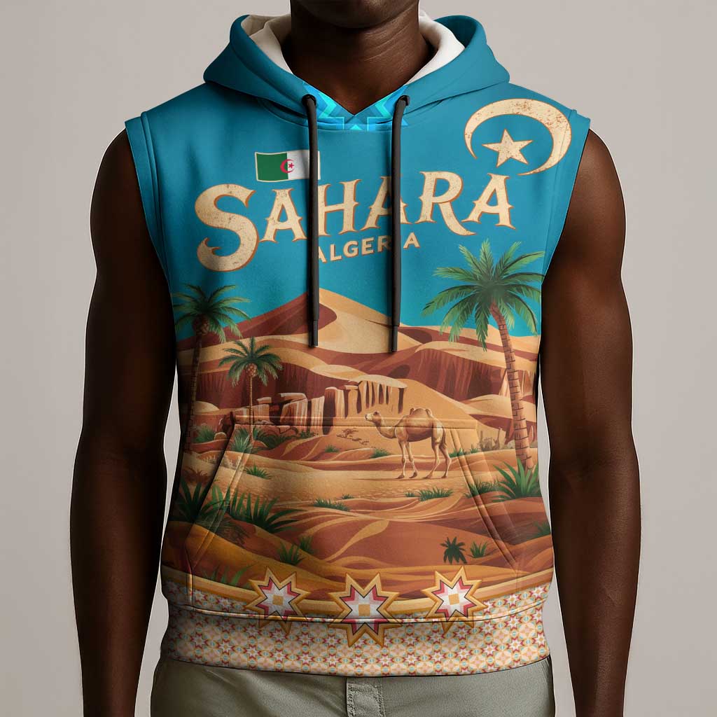 Sahara Algeria Sleeveless Hoodie with Desert Camel Landscape and Islamic Motif Design - African Pride