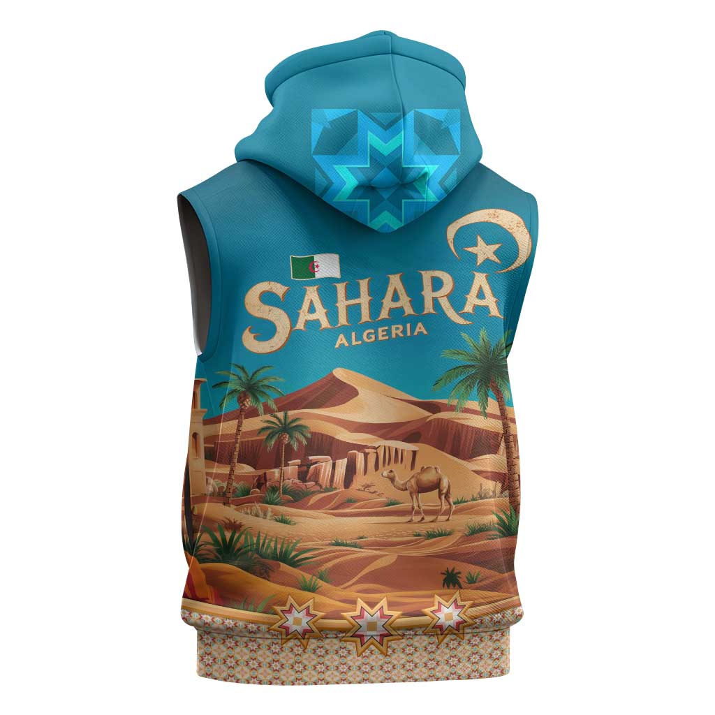 Sahara Algeria Sleeveless Zip Hoodie with Desert Camel Landscape and Islamic Motif Design - African Pride