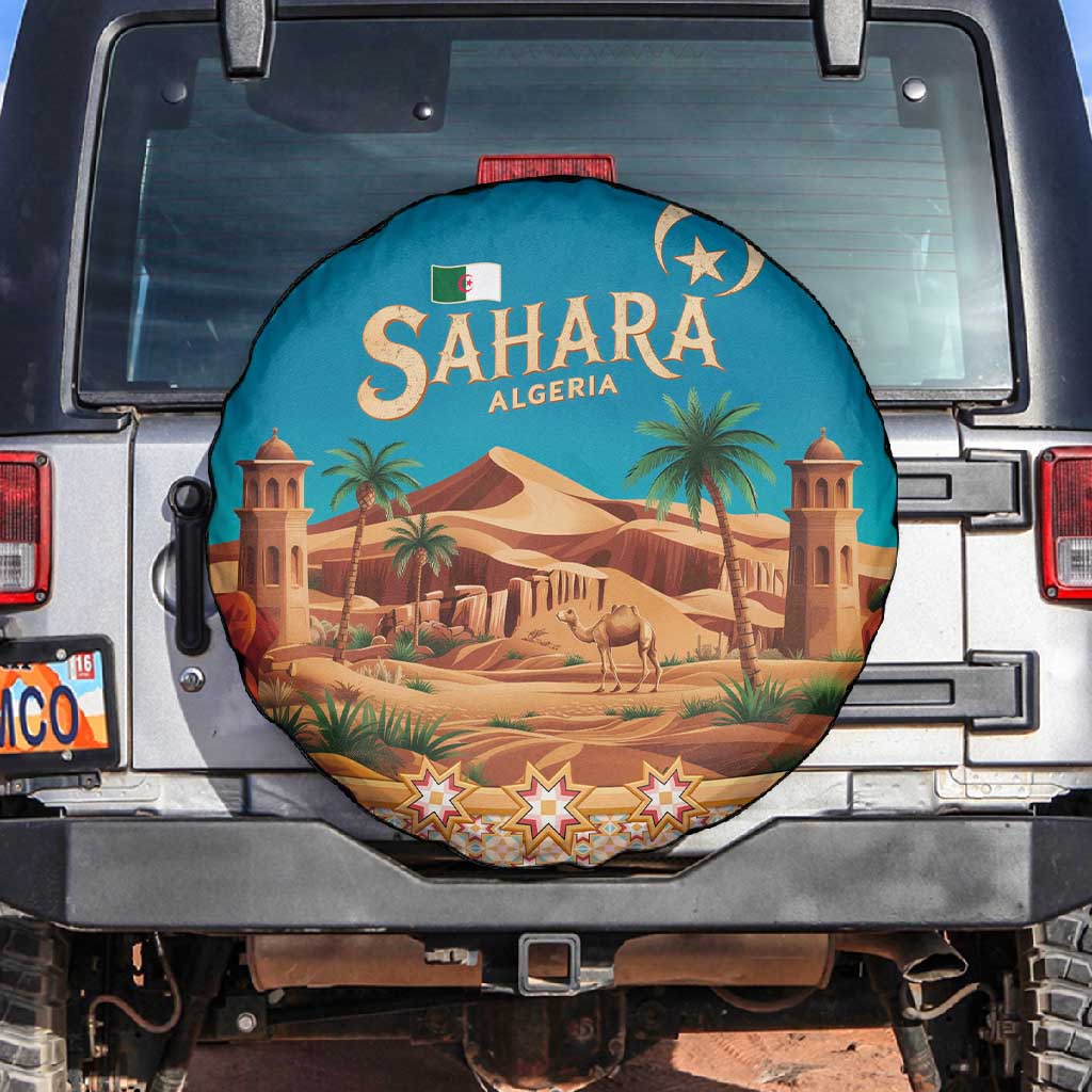 Sahara Algeria Spare Tire Cover with Desert Camel Landscape and Islamic Motif Design
