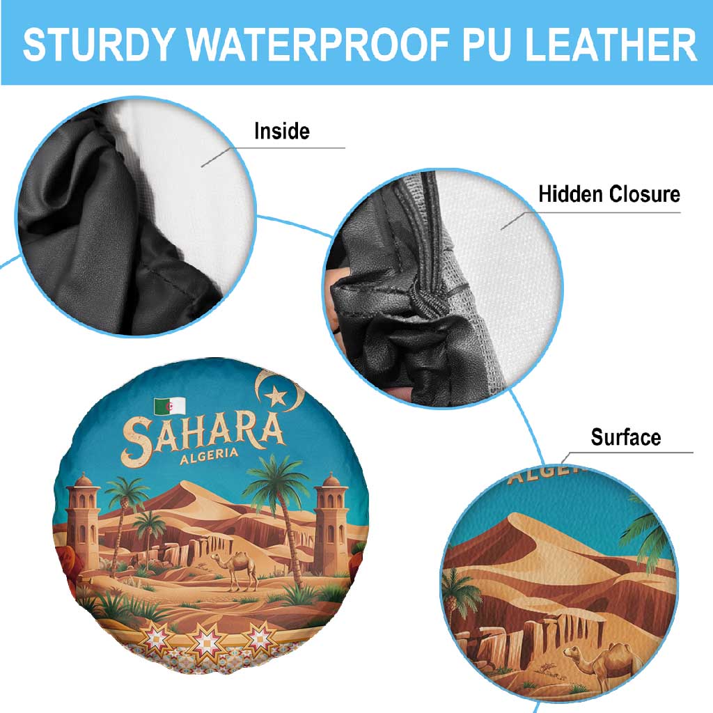 Sahara Algeria Spare Tire Cover with Desert Camel Landscape and Islamic Motif Design