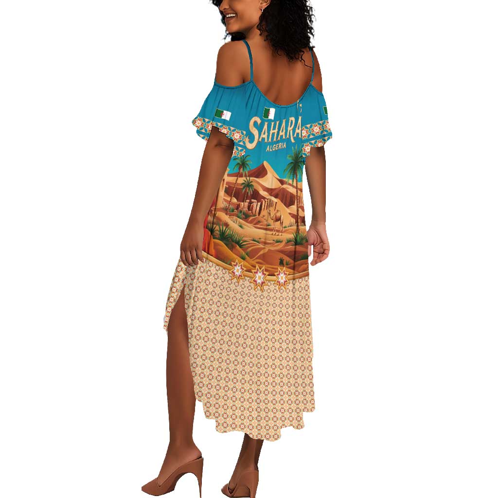 Sahara Algeria Summer Maxi Dress with Desert Camel Landscape and Islamic Motif Design