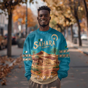 Sahara Algeria Sweatshirt with Desert Camel Landscape and Islamic Motif Design