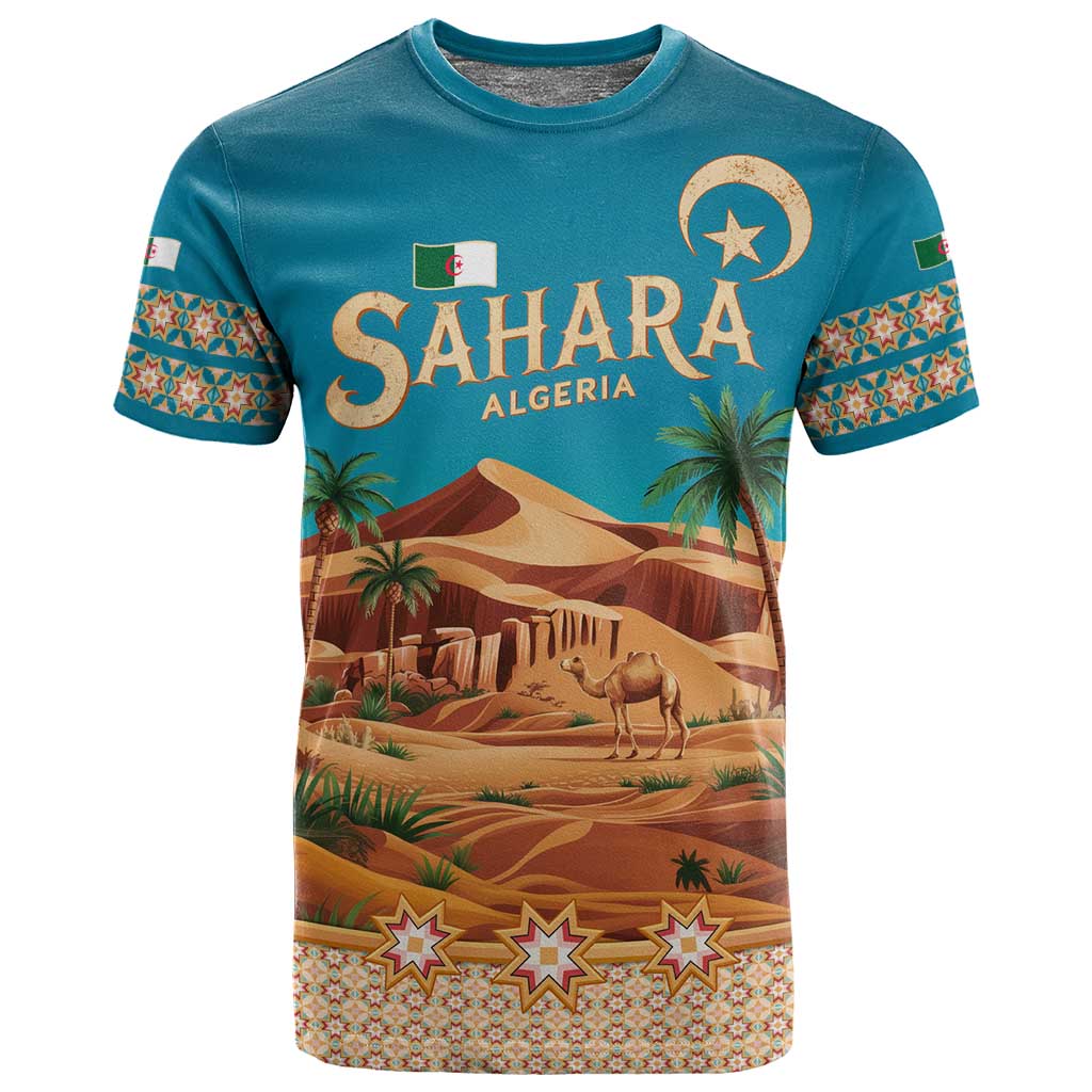 Sahara Algeria T shirt with Desert Camel Landscape and Islamic Motif Design