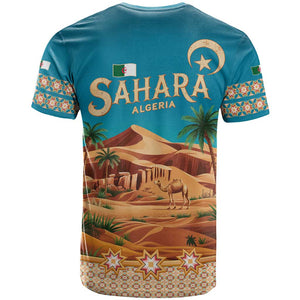 Sahara Algeria T shirt with Desert Camel Landscape and Islamic Motif Design