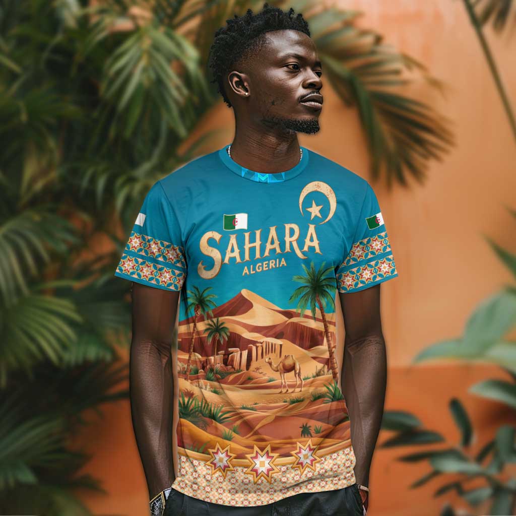 Sahara Algeria T shirt with Desert Camel Landscape and Islamic Motif Design