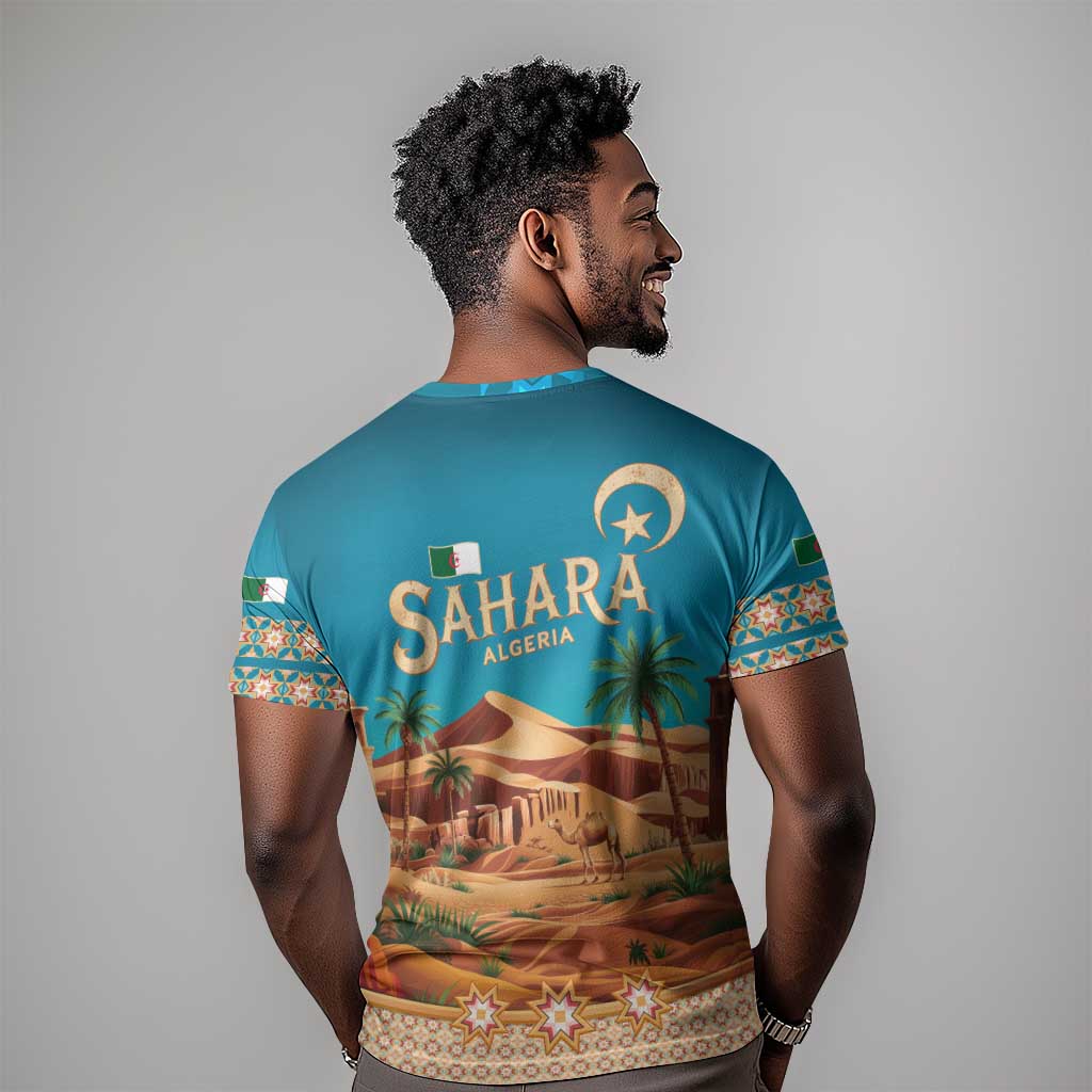 Sahara Algeria T shirt with Desert Camel Landscape and Islamic Motif Design