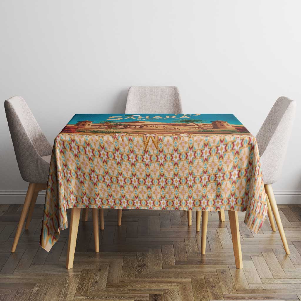 Sahara Algeria Tablecloth with Desert Camel Landscape and Islamic Motif Design