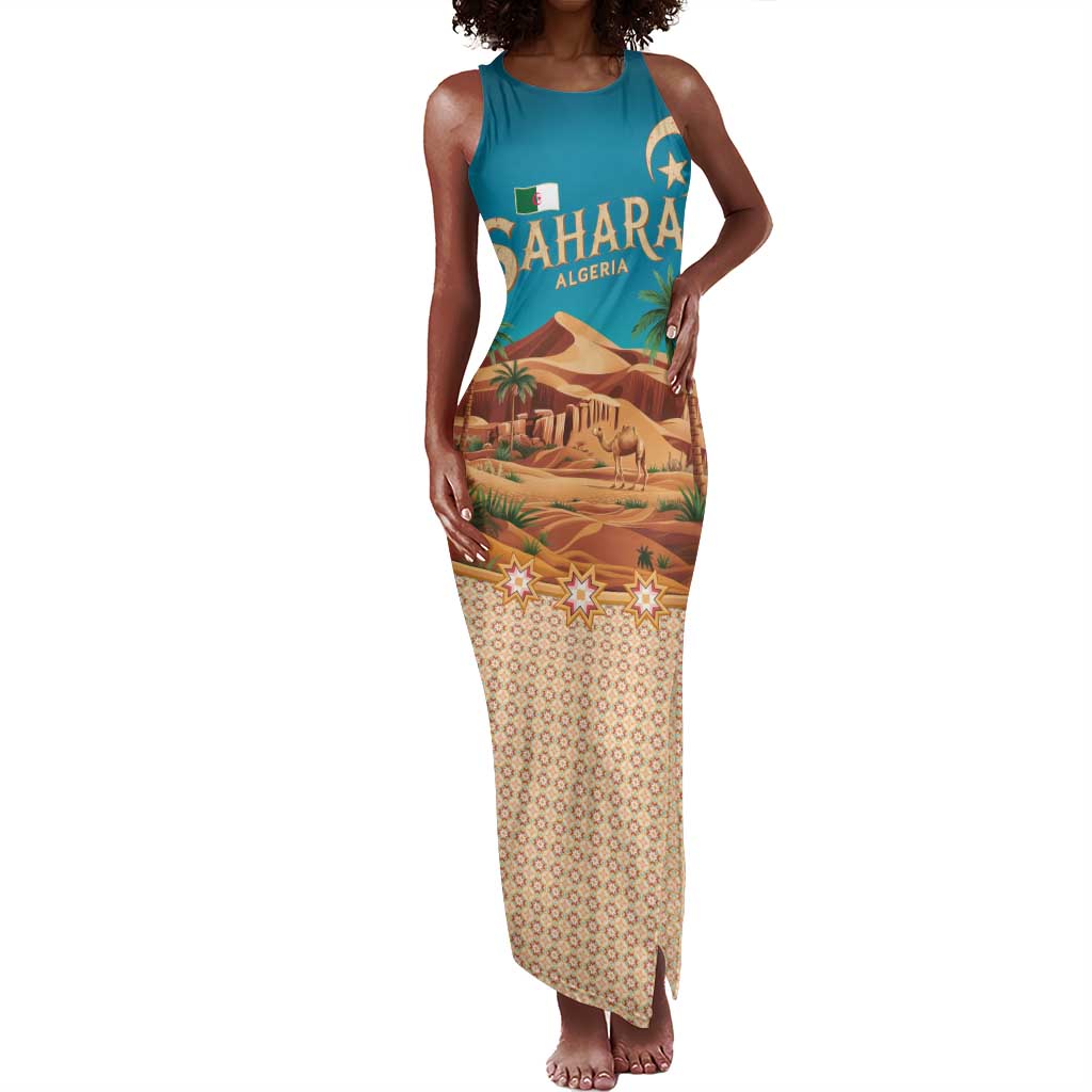 Sahara Algeria Tank Maxi Dress with Desert Camel Landscape and Islamic Motif Design