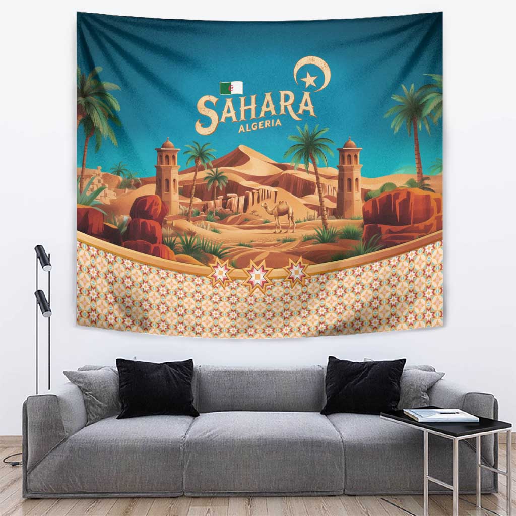 Sahara Algeria Tapestry with Desert Camel Landscape and Islamic Motif Design