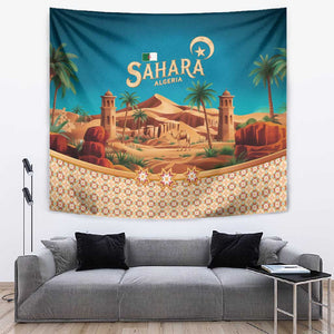 Sahara Algeria Tapestry with Desert Camel Landscape and Islamic Motif Design
