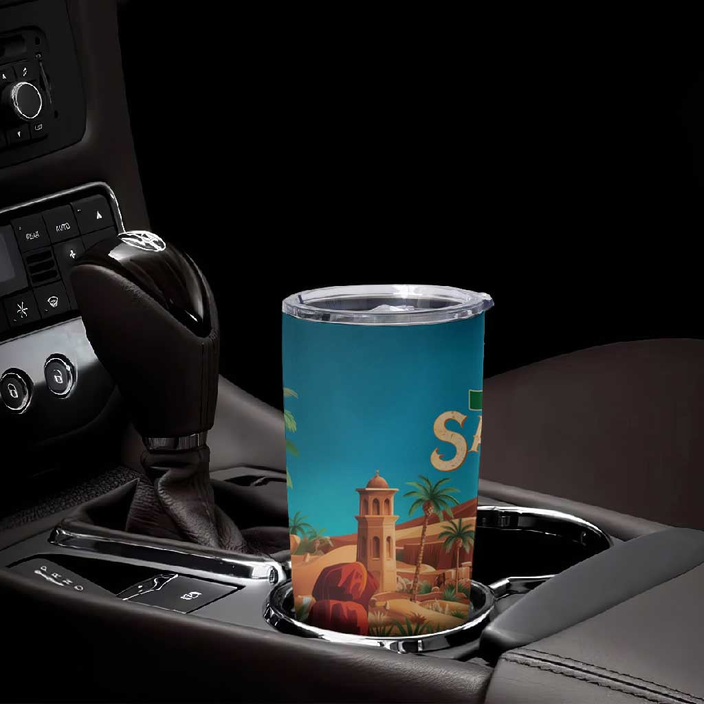 Sahara Algeria Tumbler Cup with Desert Camel Landscape and Islamic Motif Design