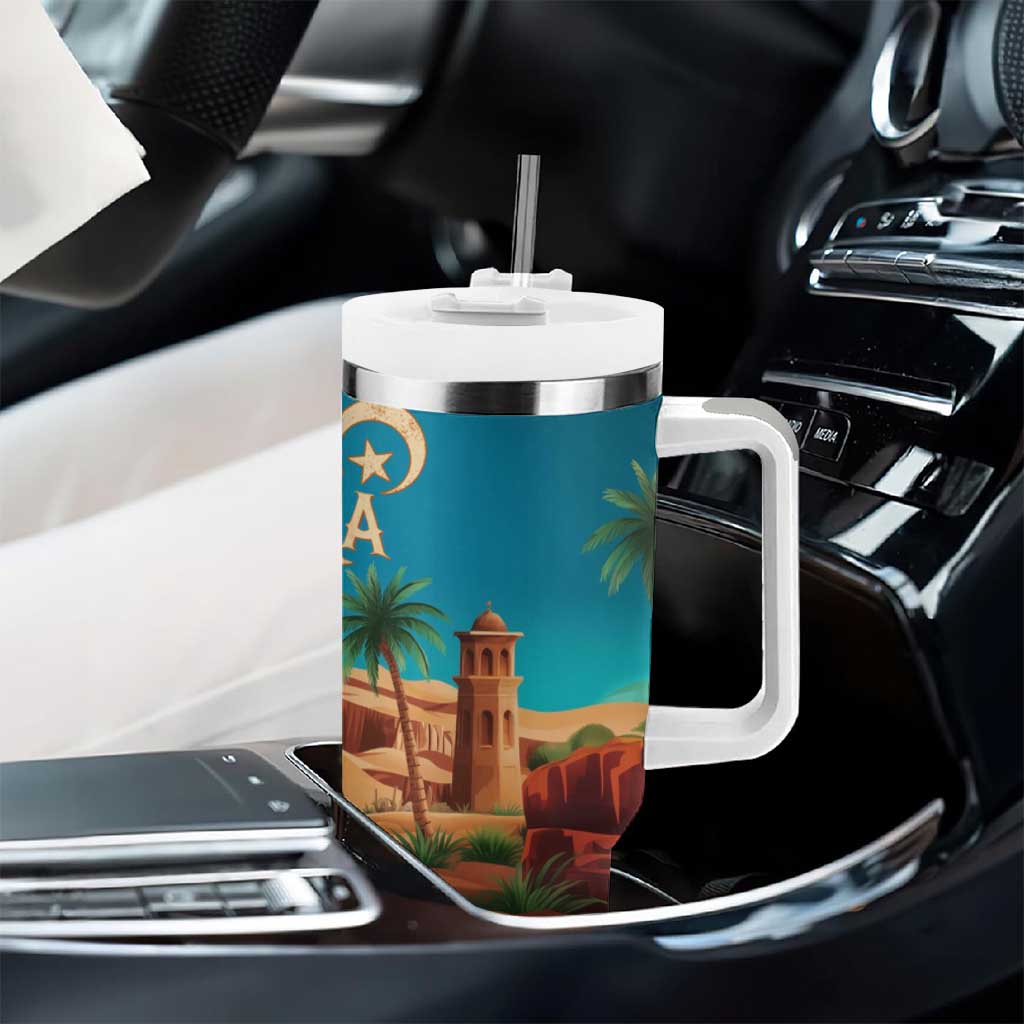 Sahara Algeria Tumbler With Handle with Desert Camel Landscape and Islamic Motif Design