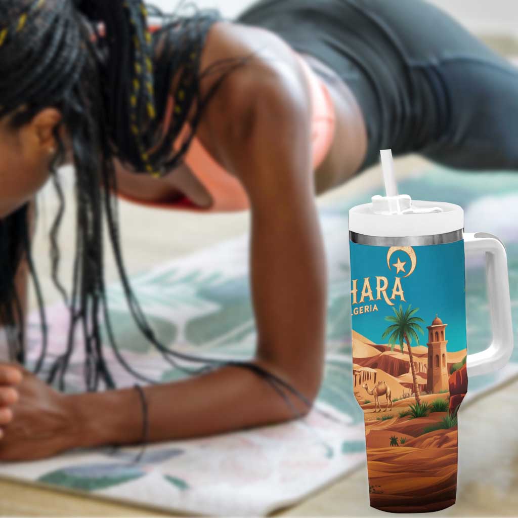 Sahara Algeria Tumbler With Handle with Desert Camel Landscape and Islamic Motif Design