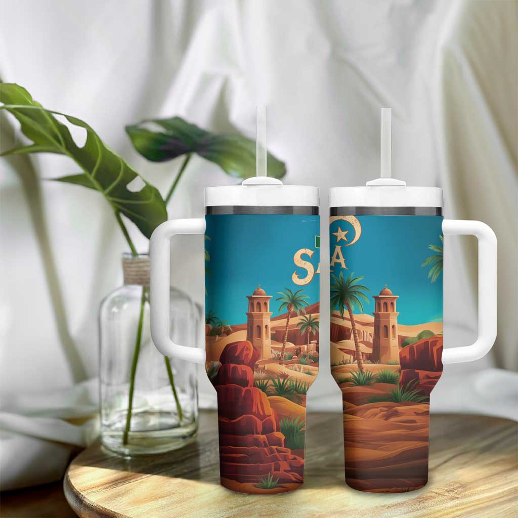 Sahara Algeria Tumbler With Handle with Desert Camel Landscape and Islamic Motif Design