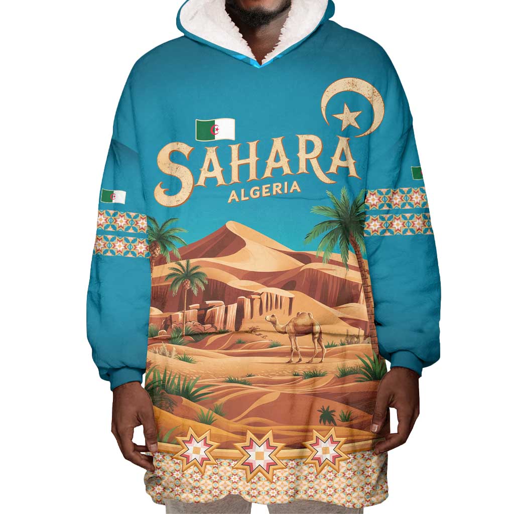 Sahara Algeria Wearable Blanket Hoodie with Desert Camel Landscape and Islamic Motif Design