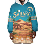 Sahara Algeria Wearable Blanket Hoodie with Desert Camel Landscape and Islamic Motif Design