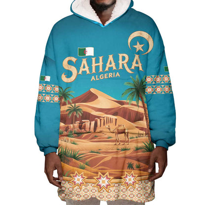 Sahara Algeria Wearable Blanket Hoodie with Desert Camel Landscape and Islamic Motif Design