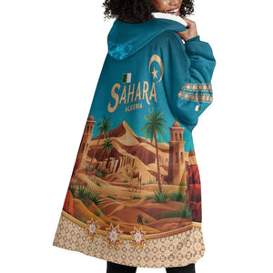 Sahara Algeria Wearable Blanket Hoodie with Desert Camel Landscape and Islamic Motif Design