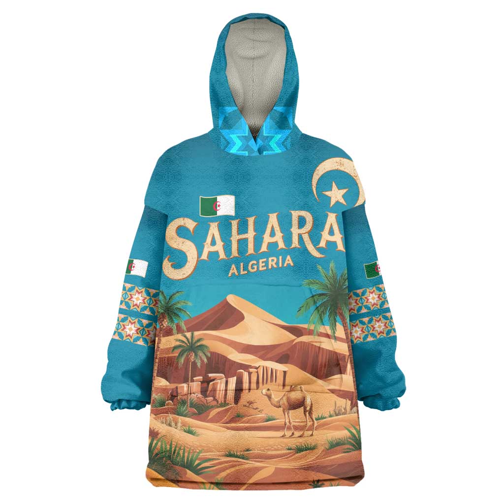 Sahara Algeria Wearable Blanket Hoodie with Desert Camel Landscape and Islamic Motif Design