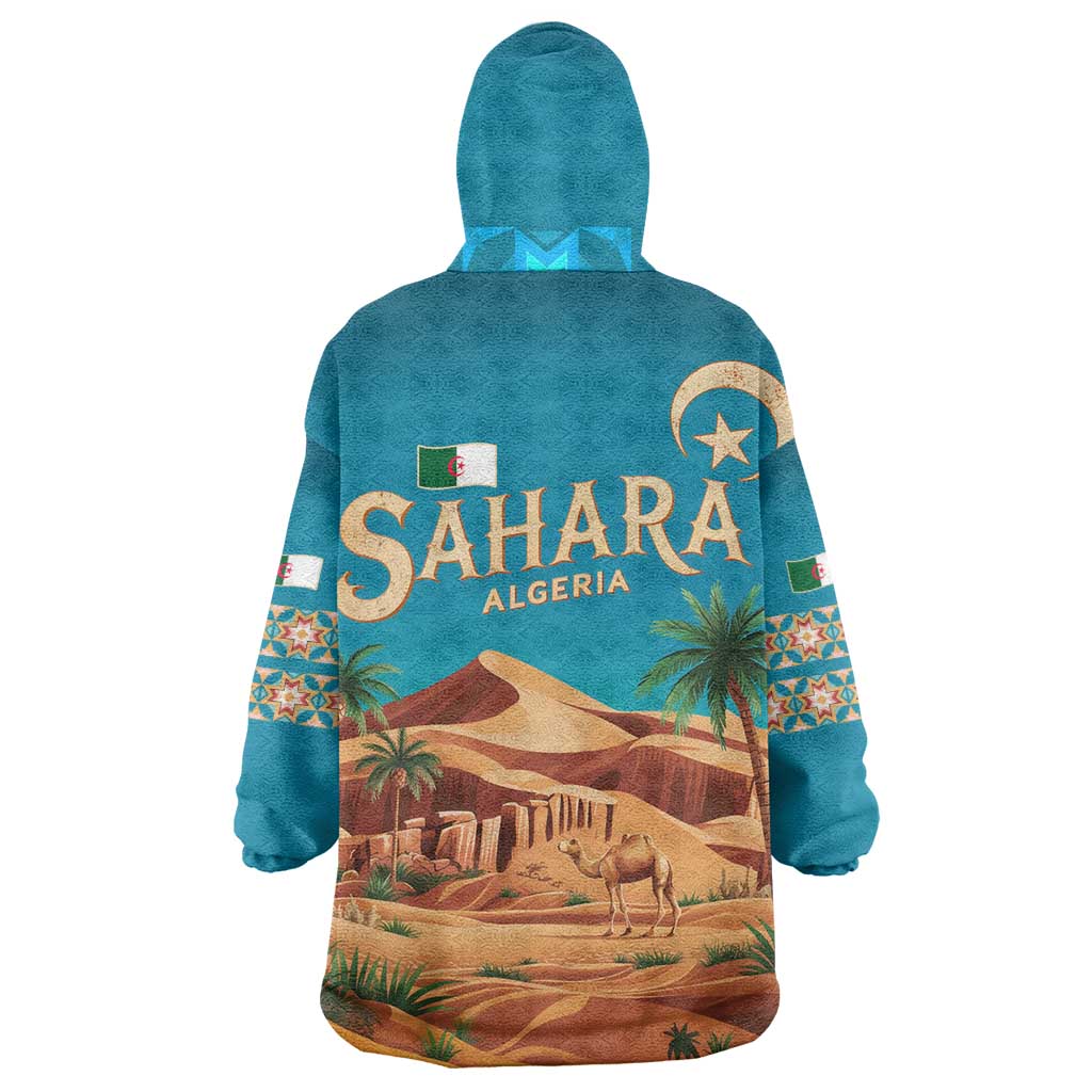 Sahara Algeria Wearable Blanket Hoodie with Desert Camel Landscape and Islamic Motif Design