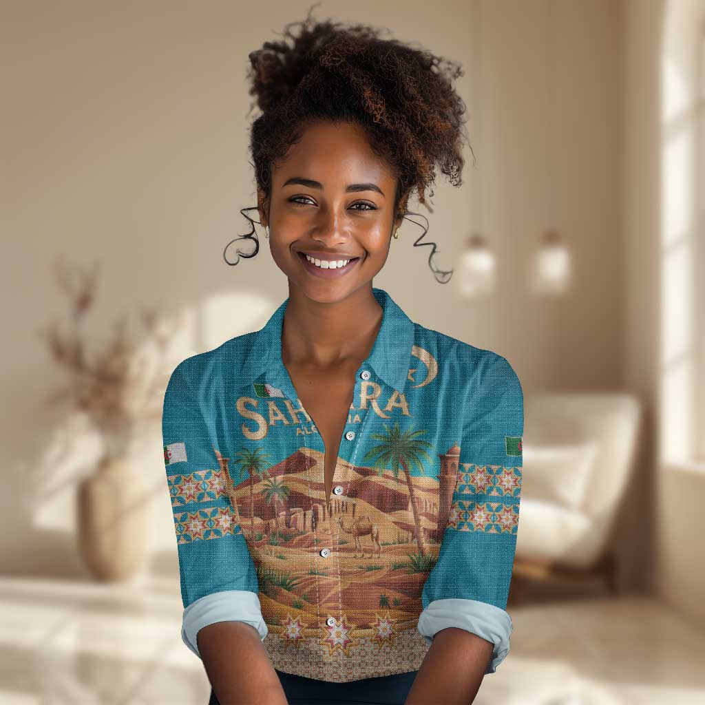 Sahara Algeria Women Casual Shirt with Desert Camel Landscape and Islamic Motif Design