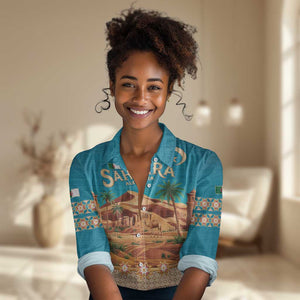 Sahara Algeria Women Casual Shirt with Desert Camel Landscape and Islamic Motif Design