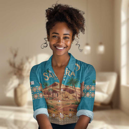 Sahara Algeria Women Casual Shirt with Desert Camel Landscape and Islamic Motif Design