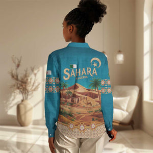 Sahara Algeria Women Casual Shirt with Desert Camel Landscape and Islamic Motif Design