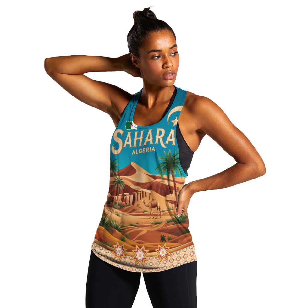 Sahara Algeria Women Racerback Tank with Desert Camel Landscape and Islamic Motif Design