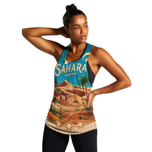 Sahara Algeria Women Racerback Tank with Desert Camel Landscape and Islamic Motif Design