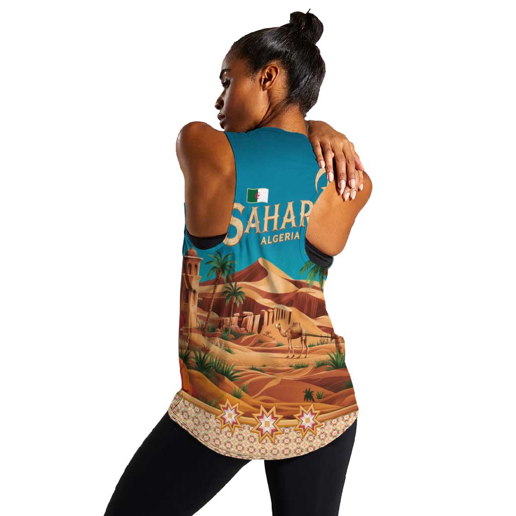 Sahara Algeria Women Racerback Tank with Desert Camel Landscape and Islamic Motif Design