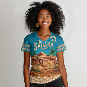 Sahara Algeria Women V-Neck T-Shirt with Desert Camel Landscape and Islamic Motif Design