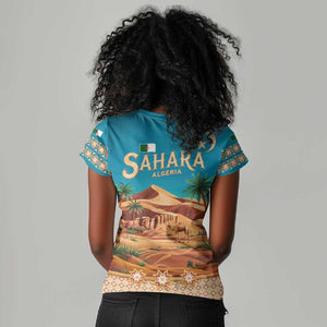 Sahara Algeria Women V-Neck T-Shirt with Desert Camel Landscape and Islamic Motif Design