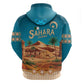 Sahara Algeria Zip Hoodie with Desert Camel Landscape and Islamic Motif Design