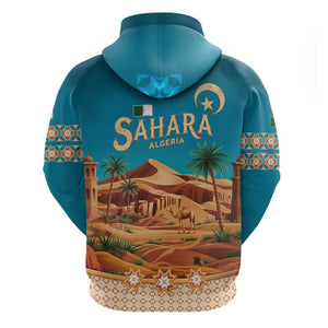 Sahara Algeria Zip Hoodie with Desert Camel Landscape and Islamic Motif Design
