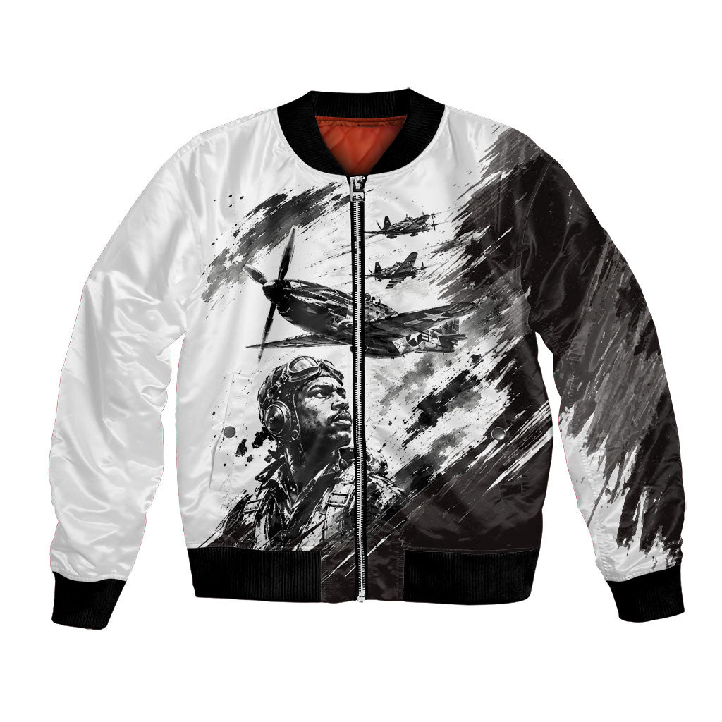 Personalized Tuskegee Airmen Bomber Jacket Black And White Grunge WWII Aviation Art