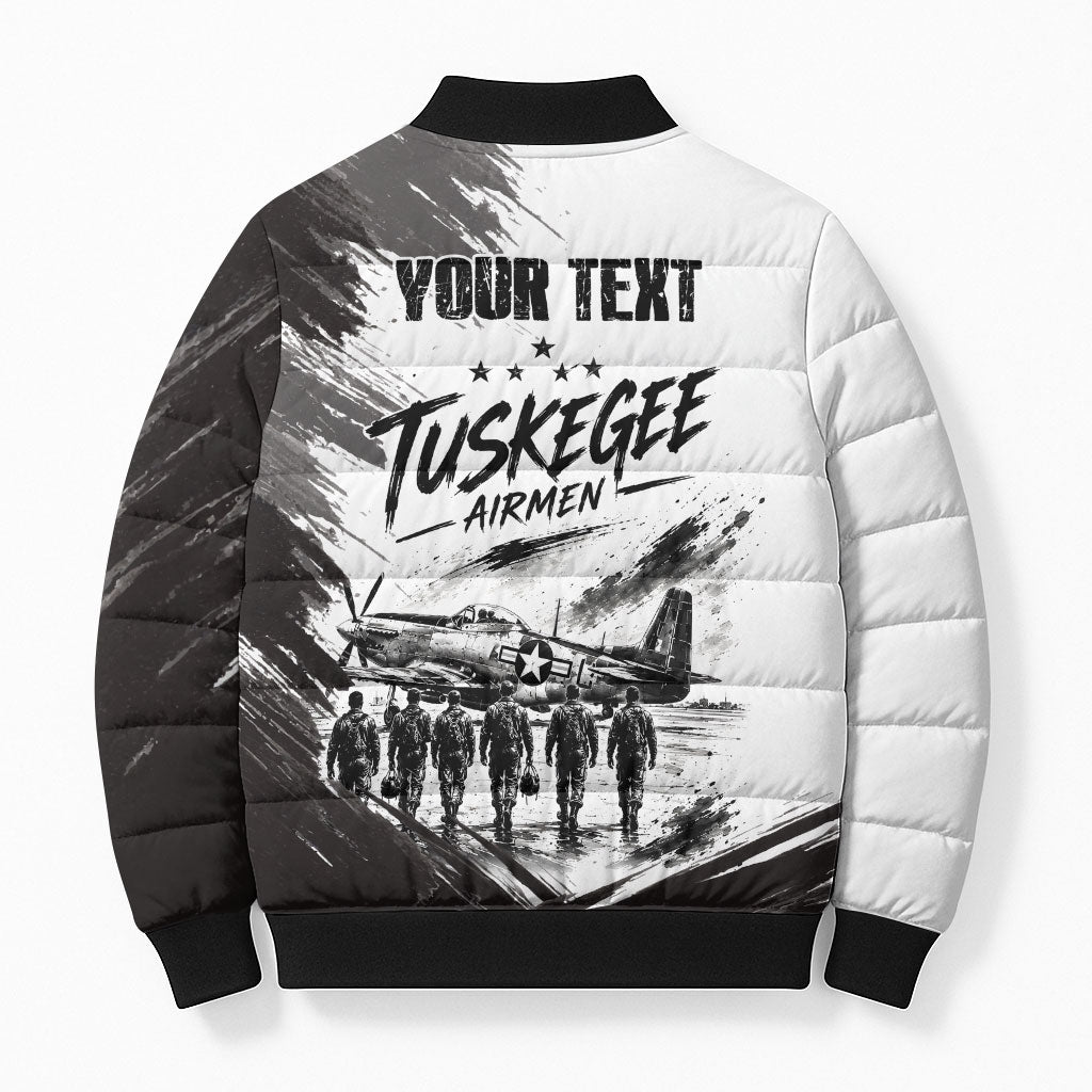 Personalized Tuskegee Airmen Bomber Puffer Jacket Black And White Grunge WWII Aviation Art