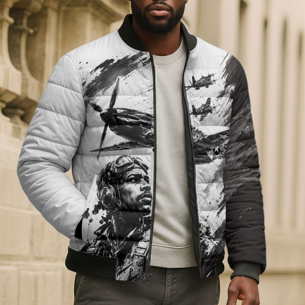 Personalized Tuskegee Airmen Bomber Puffer Jacket Black And White Grunge WWII Aviation Art