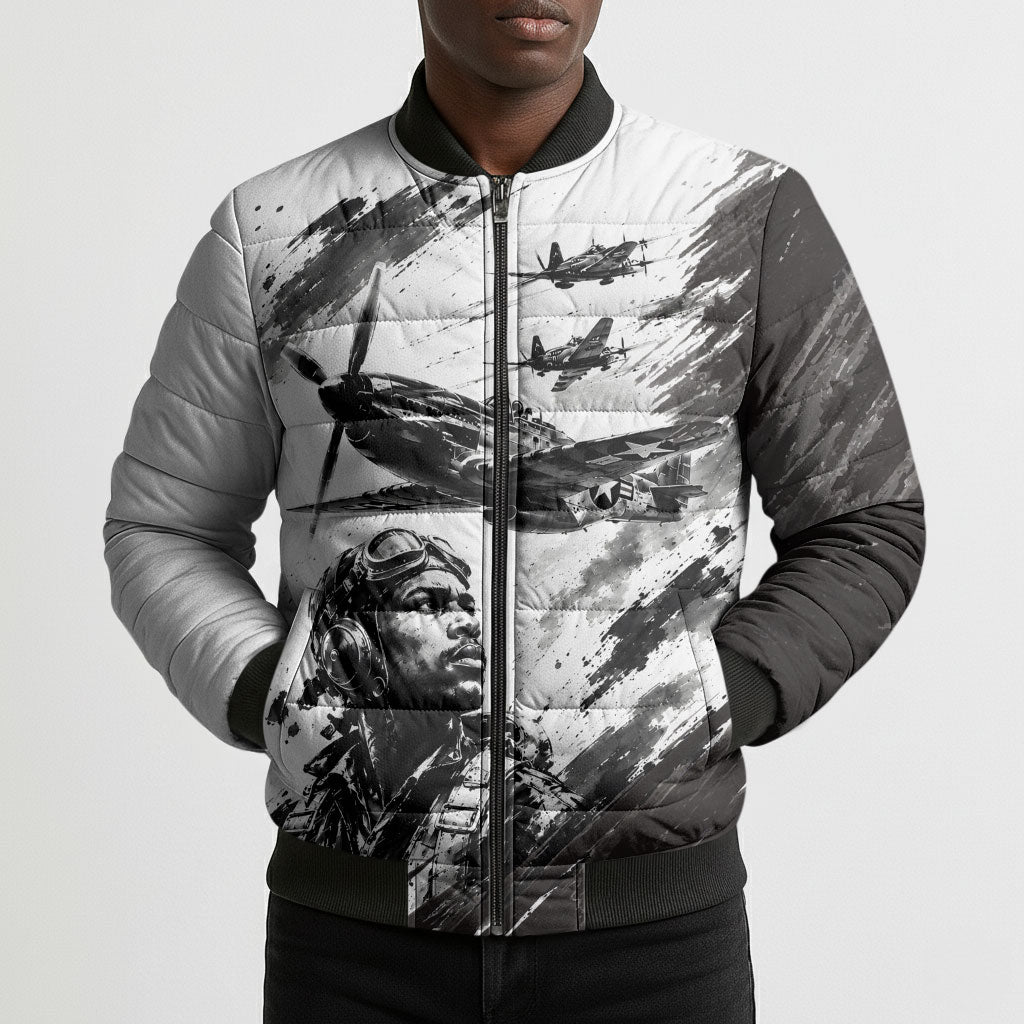 Personalized Tuskegee Airmen Bomber Puffer Jacket Black And White Grunge WWII Aviation Art