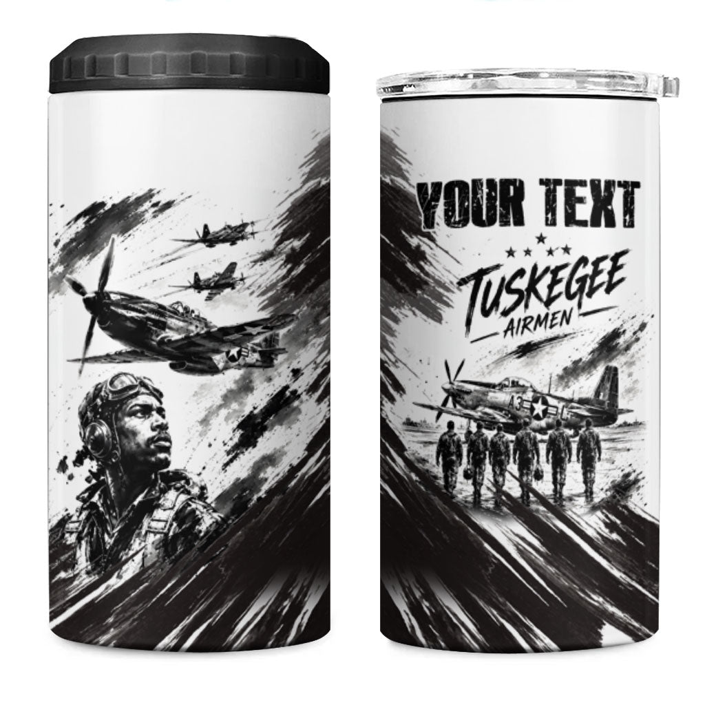 Personalized Tuskegee Airmen 4 in 1 Can Cooler Tumbler Black And White Grunge WWII Aviation Art