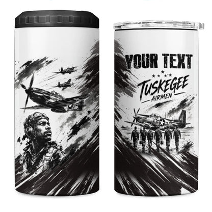Personalized Tuskegee Airmen 4 in 1 Can Cooler Tumbler Black And White Grunge WWII Aviation Art