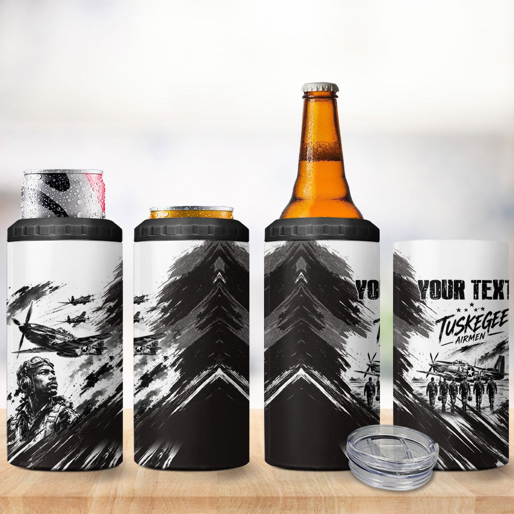 Personalized Tuskegee Airmen 4 in 1 Can Cooler Tumbler Black And White Grunge WWII Aviation Art