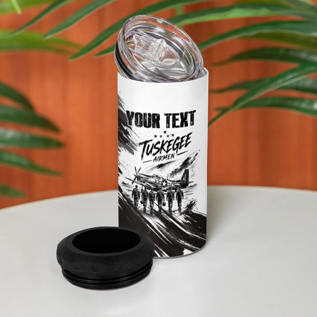 Personalized Tuskegee Airmen 4 in 1 Can Cooler Tumbler Black And White Grunge WWII Aviation Art