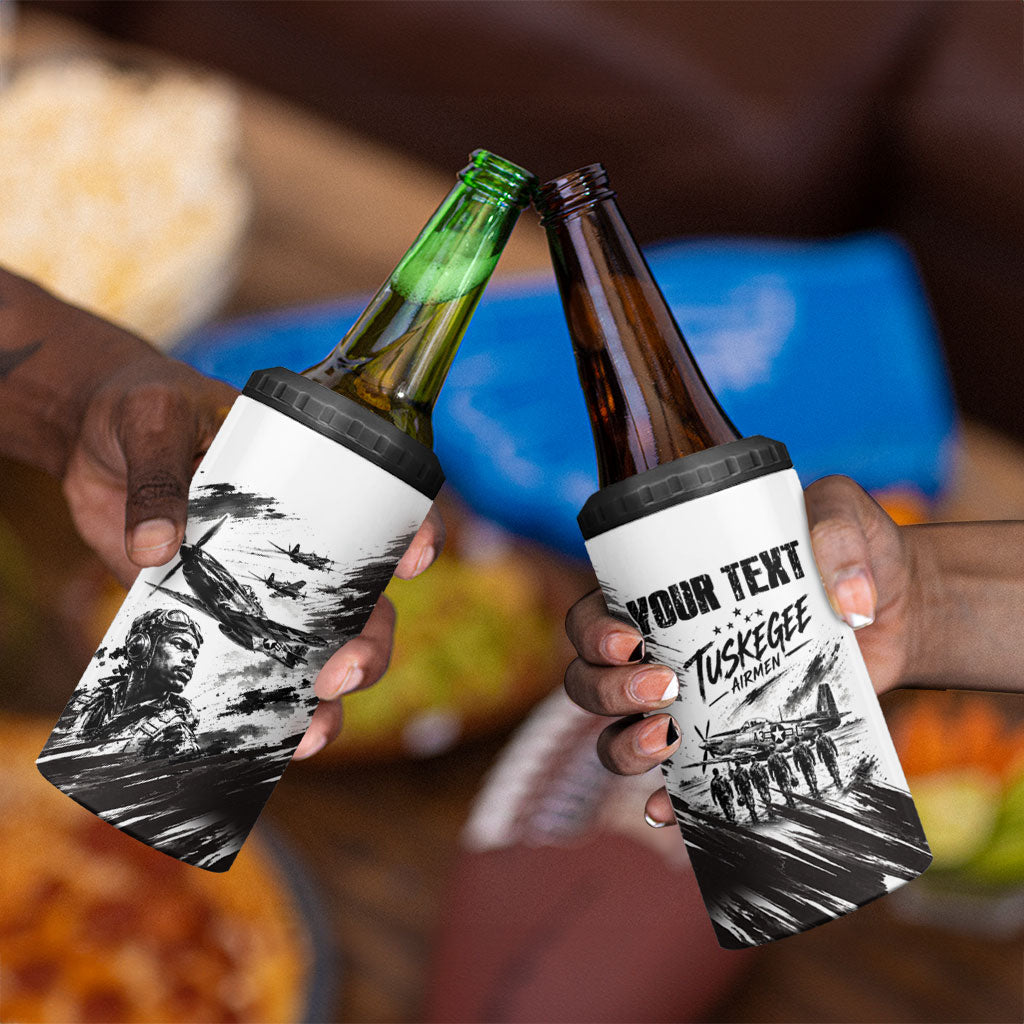 Personalized Tuskegee Airmen 4 in 1 Can Cooler Tumbler Black And White Grunge WWII Aviation Art