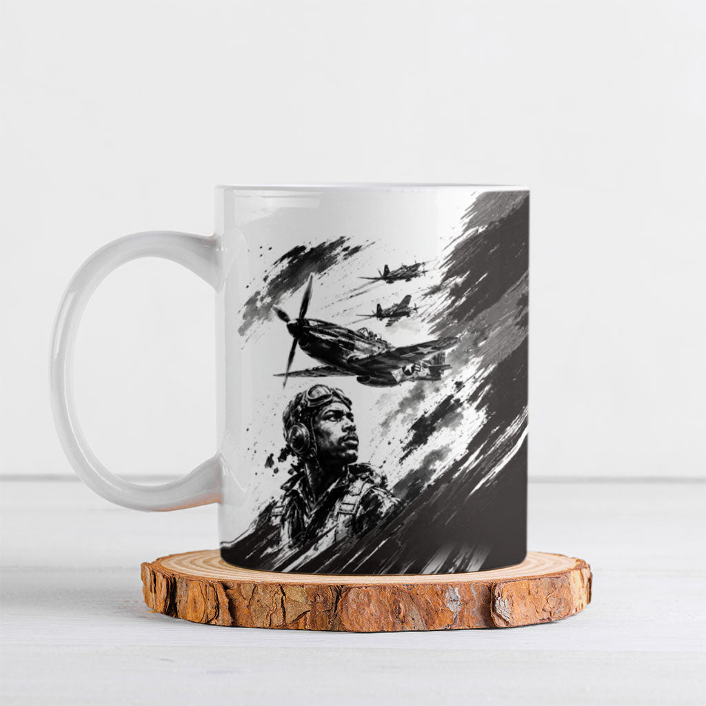 Personalized Tuskegee Airmen Ceramic Mug Black And White Grunge WWII Aviation Art