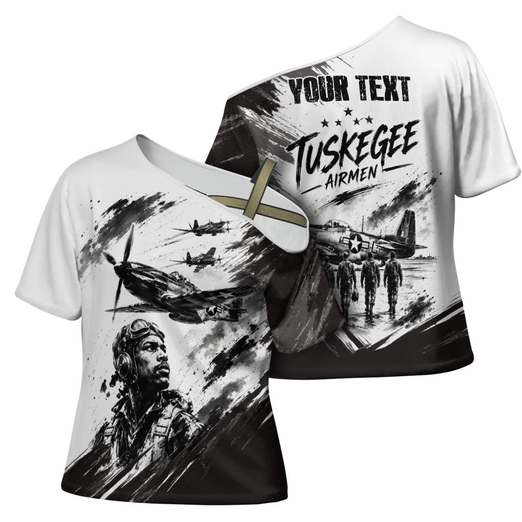 Personalized Tuskegee Airmen Cross Shoulder Shirt Black And White Grunge WWII Aviation Art